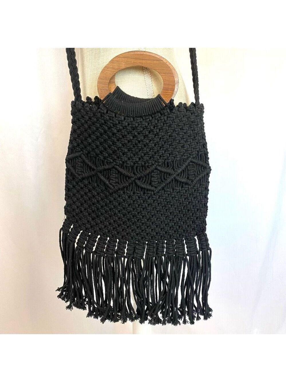 Anthropologie Danielle Nicole Black Boho Retro Macrame Bag Crossbody Tote - Picture 2 of 7